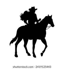 Silueta negra de vaquera en sombrero montada sobre el estilo plano de caballo, ilustración vectorial aislada en fondo blanco. Elemento de diseño decorativo, cultura y tradiciones