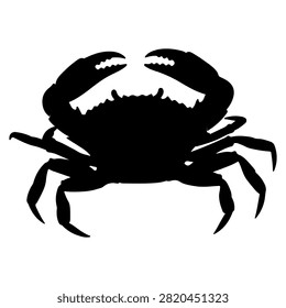 Black silhouette of a crab with claws raised, isolated on a white background, emphasizing its shape and form in a minimalistic style.