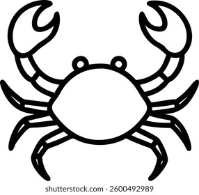 Black silhouette of a crab coloring pages isolated on a white background with a spider, insect, and nature theme.