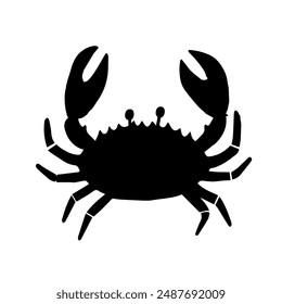 Black silhouette of crab isolated on white background, sea life, design element, vector.