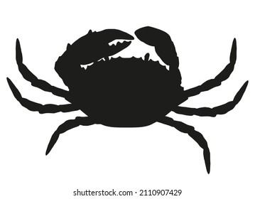 black silhouette of a crab. marine animal drawing,isolated whole crab in black, sketch style drawing, top view, on white for seafood logo design template