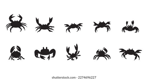Black silhouette crab on a white background. Vector hand drawn kids illustration. Sea ocean. Underwater world