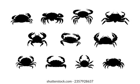 Black silhouette crab set flat cartoon isolated on white background. Vector illustration