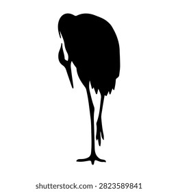A black silhouette of a crane bird standing upright, showcasing elegant posture and long legs, isolated on a white background.