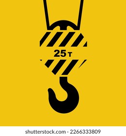 Black silhouette crane hook isolated on a yellow background. Industrial steel hook tower crane. Steel tower crane hook, yellow with black stripe. Lifting large loads. Vector illustration flat design. 