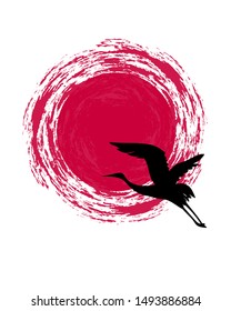 black silhouette of a crane on a background of red sun. An element of the Japanese landscape. Vector illustration isolated on a white background.