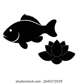 A black silhouette of a crappie fish and a lotus flower are depicted against a white background The style is simple and minimalist