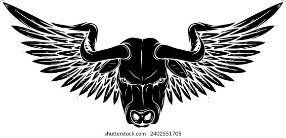 black silhouette of creative cow wing logo vector illustration, Winged cow ancient emblems elements