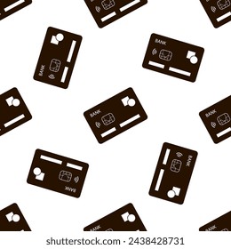 Black silhouette of credit card, seamless pattern design on white background. Online payment, plastic card wallpaper. Cash withdrawal. Shopping monochrome texture. Linear vector Illustration