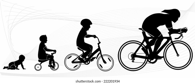 Black Silhouette Of Creeping Kid , Tricycle Rider , Kid Bicycle Rider And Race Bicycle Rider On Black And White Curve Graphic Background.(EPS10 Art Vector)