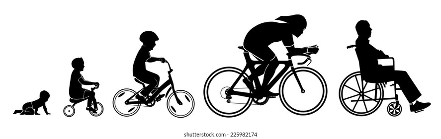Black Silhouette Of Creeping Kid , Tricycle Rider , Kid Bicycle Rider , Race Bicycle Rider And Old Man In Wheelchair On White Background.(EPS10 Art Vector)