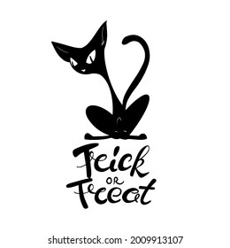 Black Silhouette of Creepy cat and Trick or Treat Lettering. Halloween design elements or stickers.