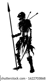 A black silhouette of a creepy skeleton in rags with exposed ribs and spine, long hair sticking out of the skull, with a spear and sword, and arrows in the back. 2D illustration.