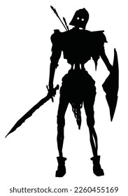 A black silhouette with a creepy skeleton of a warrior peeled to the bones, a shield and a rusty sword in his hands, he stands crookedly with bare bones and a helmet on his head 2d vector art