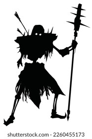 A black silhouette with a creepy skeleton of a warrior peeled to the bones, a huge spiked mace in his hand, he stands crookedly with bare bones and rags on his belt 2d vector art