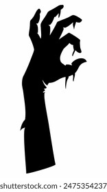 Black silhouette of creepy zombie hand isolated on a white background. Eerie monster hand outline. Concept of horror, Halloween, creepy design. Print, icon, design element. Graphic art