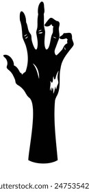 Black silhouette of creepy zombie hand isolated on a white background. Eerie Zombie hand outline. Concept of horror, Halloween, creepy design. Print, icon, design element