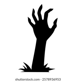 Black silhouette of a creepy zombie hand rising from the ground, symbolizing horror, Halloween, and the undead. Perfect for spooky themed designs and decorations.