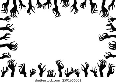 Black silhouette of creepy zombie hands with sharp claws emerging from the grave, perfect for Halloween parties and horror themed designs.