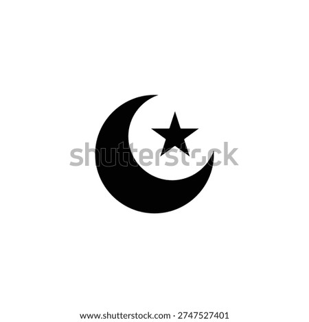 A black silhouette of a crescent moon and a five-pointed star, commonly recognized as a symbol of Islam, isolated on a clean white background.