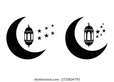 Black silhouette crescent moon with lantern and stars icons