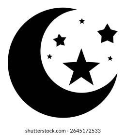 Black silhouette of a crescent moon and several stars on a white background simple vector graphic