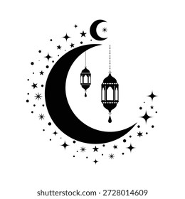 A black silhouette of a crescent moon with two hanging lanterns and scattered stars on a pure white background, creating a beautiful Ramadan or Islamic-themed design element