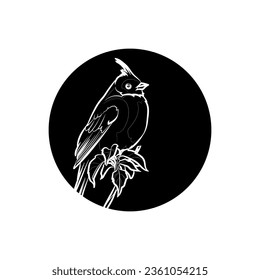 Black silhouette of the crested bunting in black circle. Bird on branch. Graphic drawing. Vector illustration.
