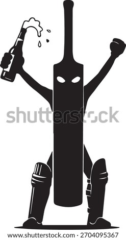 A black silhouette of a cricket bat character stands with arms raised, holding a frothing beer bottle.