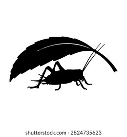 Black silhouette of a cricket beneath a leaf, highlighting insect and nature elements in a minimalistic style.