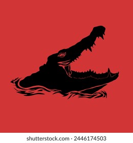black silhouette of a crocodile bobbing in the water on a red background