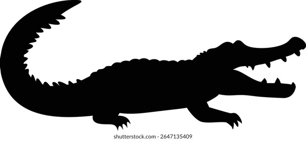 Black silhouette of a crocodile with open mouth isolated on a white background