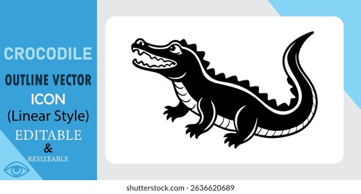 A black silhouette of a crocodile, presented as a vector icon. Simple linear style, easily editable and resizable for various uses.