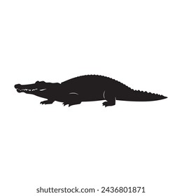 black silhouette of a Crocodile with thick outline side view isolated
