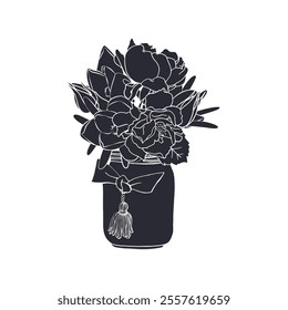 Black silhouette of crocus and rose flowers bouquet isolated on white background. Hand drawn floral linocut design