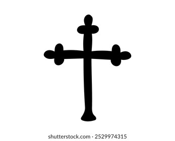 Silueta negra de una cruz aislada sobre fondo blanco. Concepto de símbolo religioso, icono de la cruz, diseño minimalista, representación de la fe, Pascua, espiritualidad, religión. Imprimir, elemento de diseño