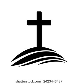 Black silhouette of a cross on Calvary hill. Religious icon on white background. Vector illustration.