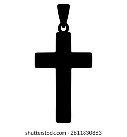 A black silhouette of a cross pendant with a loop at the top, isolated on a white background, symbolizing faith and spirituality.