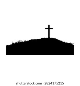 A black silhouette of a cross standing on a hilltop against a plain white background, symbolizing faith and spirituality.