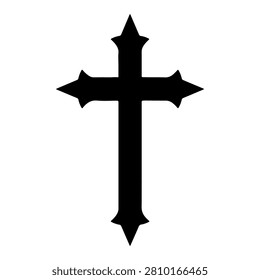 A black silhouette of a cross symbol representing Christianity, set against a plain white background, emphasizing faith and spirituality.