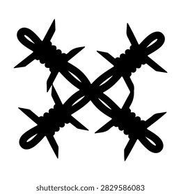 Black silhouette of crossed barbed wire strands symbolizing security, restriction, or protection against intrusion or danger.