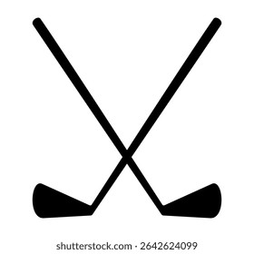 Black silhouette of crossed golf clubs icon. Clipart image isolated on background.