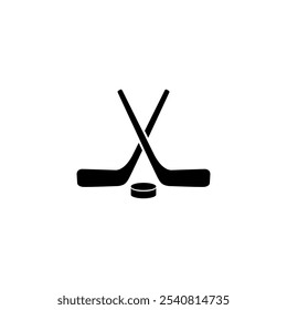 Black silhouette of crossed hockey sticks and puck. Ideal for sports and competition related designs.