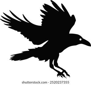 Black Silhouette of Crow. Halloween Raven Silhouette. Isolated on White Background