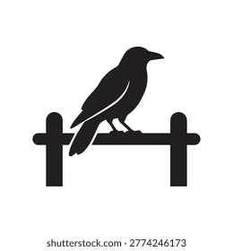 Black silhouette of crow perched on wooden fence post vector icon