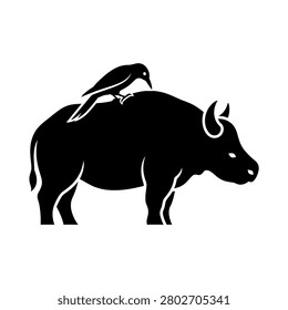A black silhouette of a crow sitting on the back of a buffalo, isolated on a white background.