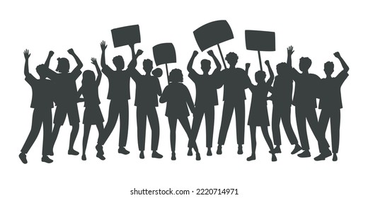 Black silhouette of crowd of people standing with raised hands and banners. Fans on sports game, concert. Peaceful protest, demonstration, rally, strike, revolution. Isolated vector illustration