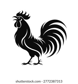 Black silhouette of a crowing rooster with stylized tail feathers gallo pinto cock illustration animal silhouette background livestock illustration feathers standing minimalist