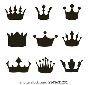 Black Silhouette of crowns kings isolated on white background