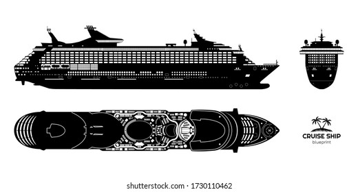 Black silhouette of cruise ship. Side, top and front views. Isolated liner. Detailed drawing of modern marine vessel. Sea travel transportation. Vector illustration